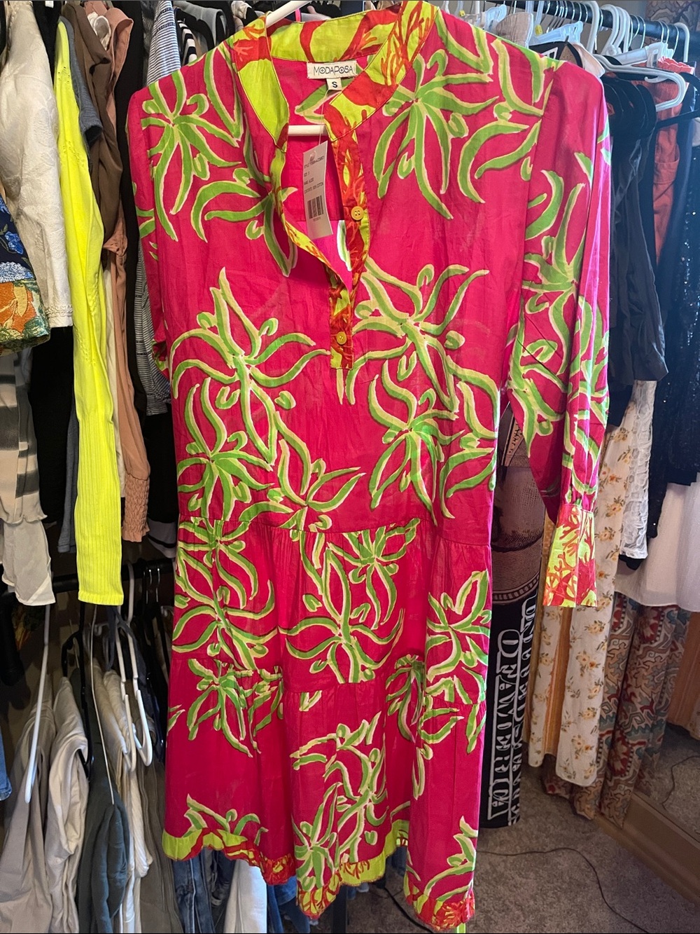 Modaposa Fuchsia Floral-Print Midi Dress with Green Accents